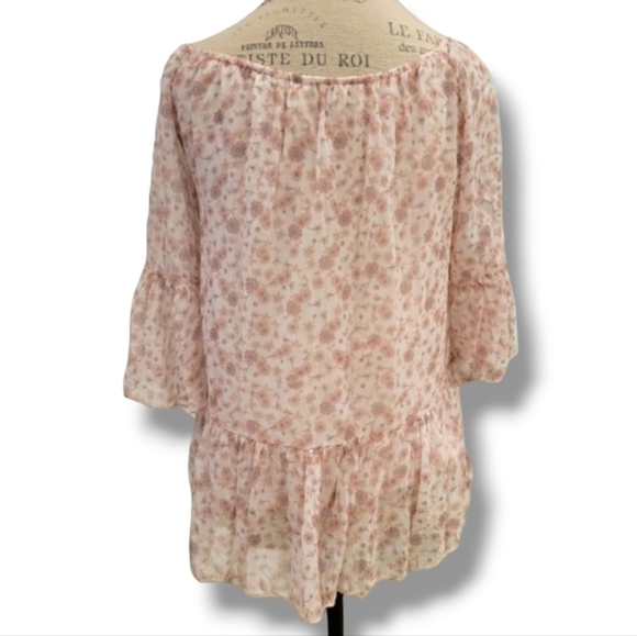 Via Signor Light Pink Floral Print Double Layered Silk Peasant Blouse - Size Med - Picture 2 of 7